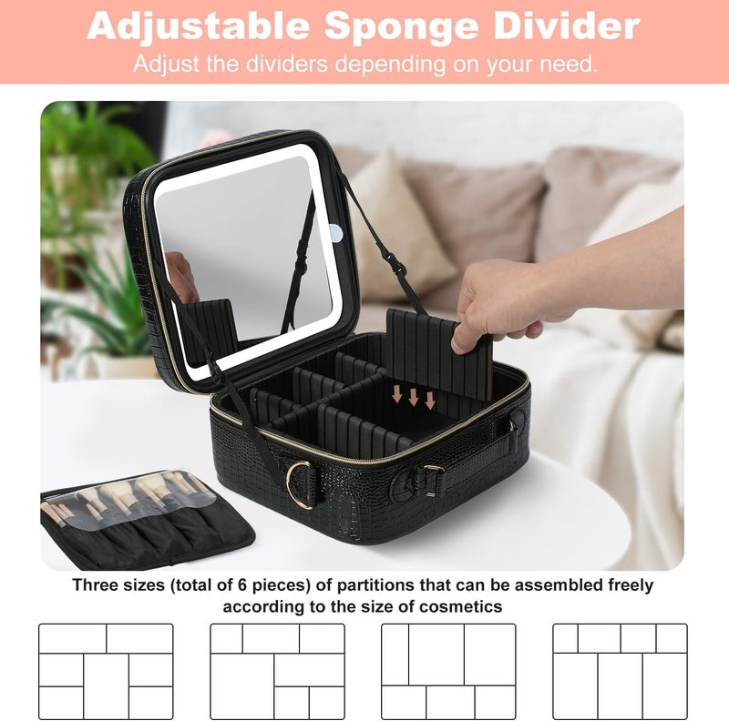 Mocado Travel Makeup Bag with LED Lighted Mirror, Travel Makeup Organizer, Makeup Case with 3 Color Lighted Setting and 10x Magnifying Mirror, Portable Storage and Adjustable Dividers (Crocodile) - Image 4