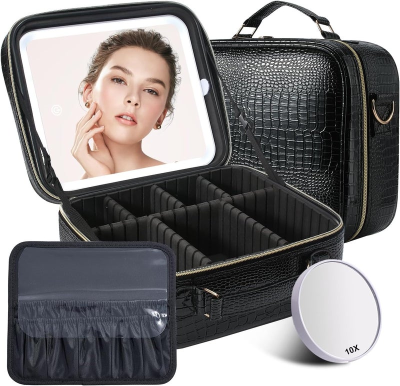 Mocado Travel Makeup Bag with LED Lighted Mirror, Travel Makeup Organizer, Makeup Case with 3 Color Lighted Setting and 10x Magnifying Mirror, Portable Storage and Adjustable Dividers (Crocodile) - Image 1