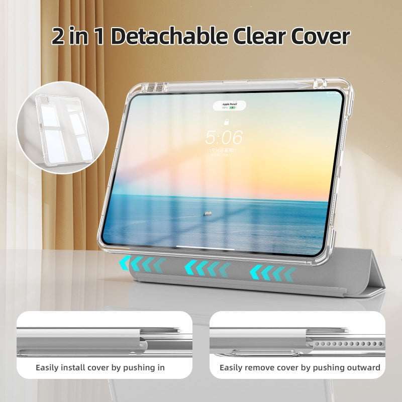 kenke Hybrid Case for iPad Air 13 Inch M3/M2 (2025/2024), Pro 12.9 Inch (6th/5th Generation, 2022/2021) with Pencil Holder, 2 in 1 Detachable Cover with Clear Hard Back, Auto Sleep/Wake, Gray - Image 5