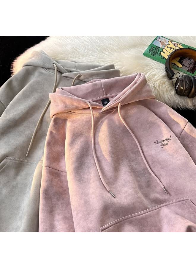 Vuug American Vintage Tie-dye Autumn Winter Casual Loose Fit Couple Hooded Fleece Sweatshirt Men 3XL Pink Fleece - Image 2