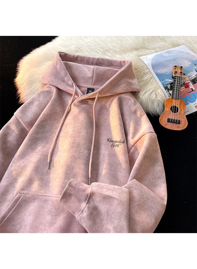 Vuug American Vintage Tie-dye Autumn Winter Casual Loose Fit Couple Hooded Fleece Sweatshirt Men 3XL Pink Fleece - Image 1