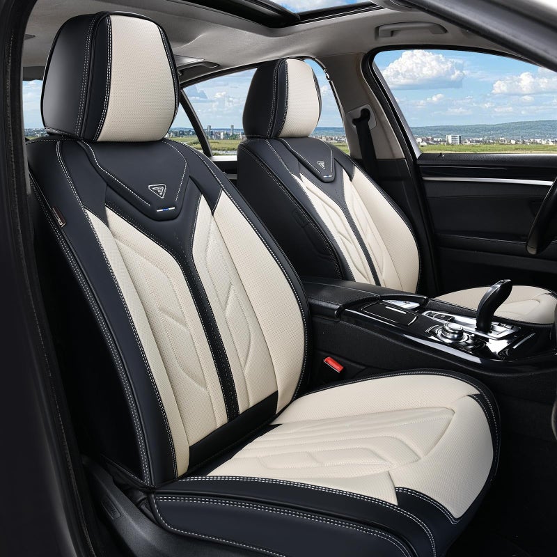 Coverado Front Seat Covers, Car Seat Covers Front Seats, Leather Seat Covers for Cars, Automotive Seat Covers Car Seat Protector Car Accessories Fit for Most Sedans SUV Pick-up Truck(Black&Beige) - Image 1