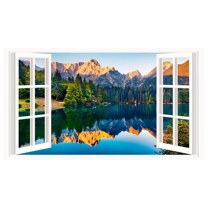 MOUNTAIN LAKE WALL STICKERS 3D NATURE FOREST LAKE WALL STICKERS SCENERY LANDSCAPE FAKE WINDOW WALL MURAL PEEL AND STICK REMOVABLE MOUNTAIN LAKE WALL DECALS FOR LIVING ROOM BEDROOM DECOR