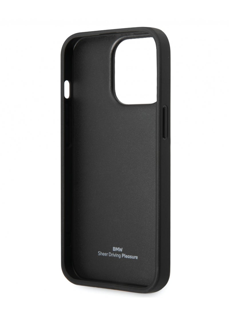 BMW iPhone 14 Pro Case Signature Collection Genuine Leather Back Cover with Textured & Big Logo Stripe - Black  - Image 5