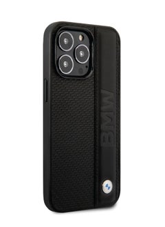 BMW iPhone 14 Pro Case Signature Collection Genuine Leather Back Cover with Textured & Big Logo Stripe - Black  - Image 2