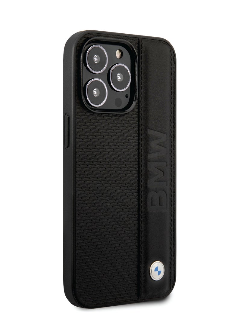BMW iPhone 14 Pro Case Signature Collection Genuine Leather Back Cover with Textured & Big Logo Stripe - Black  - Image 2