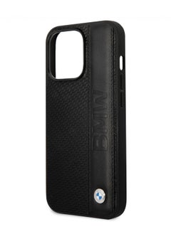 BMW iPhone 14 Pro Case Signature Collection Genuine Leather Back Cover with Textured & Big Logo Stripe - Black  - Image 4
