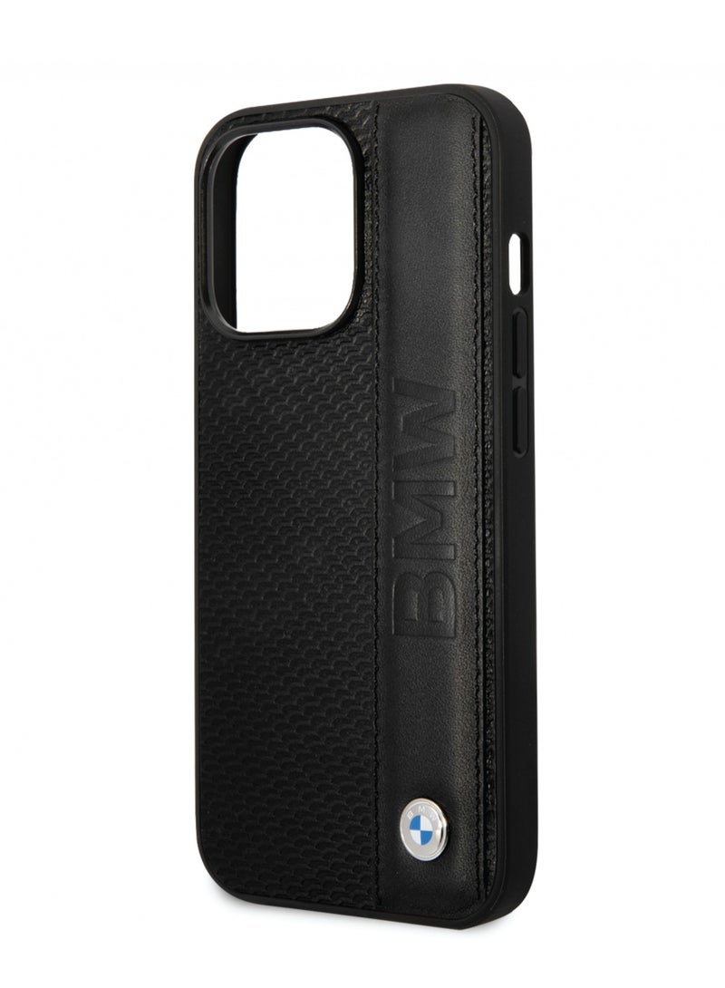 BMW iPhone 14 Pro Case Signature Collection Genuine Leather Back Cover with Textured & Big Logo Stripe - Black  - Image 4