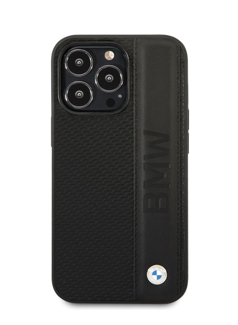 BMW iPhone 14 Pro Case Signature Collection Genuine Leather Back Cover with Textured & Big Logo Stripe - Black  - Image 1