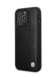 BMW iPhone 14 Pro Case Signature Collection Genuine Leather Back Cover with Textured & Big Logo Stripe - Black  - Image 3