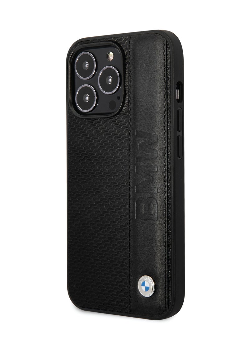 BMW iPhone 14 Pro Case Signature Collection Genuine Leather Back Cover with Textured & Big Logo Stripe - Black  - Image 3