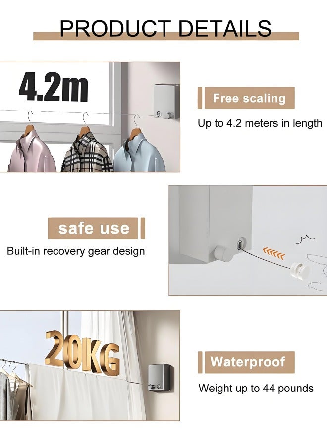 MIXDE Telescopic Clothesline Stainless Steel Clothes Line Wall Mounted Clothes Drying Laundry Line Adjustable Clothes Rope 4.2m - Image 5