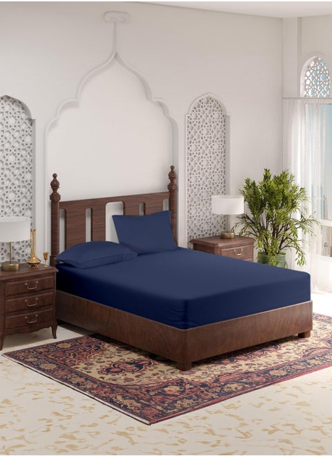 Queen Size Plain Fitted Elastic Bedsheet with 2 Pillow Cases 180 x 200 Cm (Navy Blue)