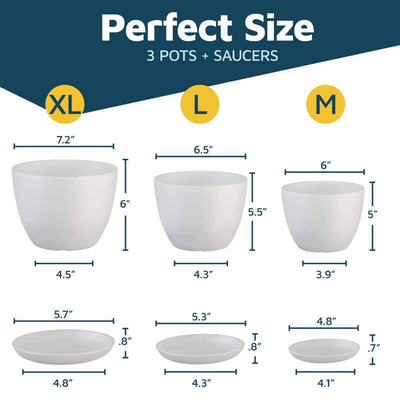 LifeMaster White Plant Pots with Drainage Holes & Saucers 3 Pack, Indoor & Outdoor Stackable Space-Saving Planters for Houseplants & Flowers, (7", 6.7", and 6" Inches), Durable & Weatherproof Materials - Image 2