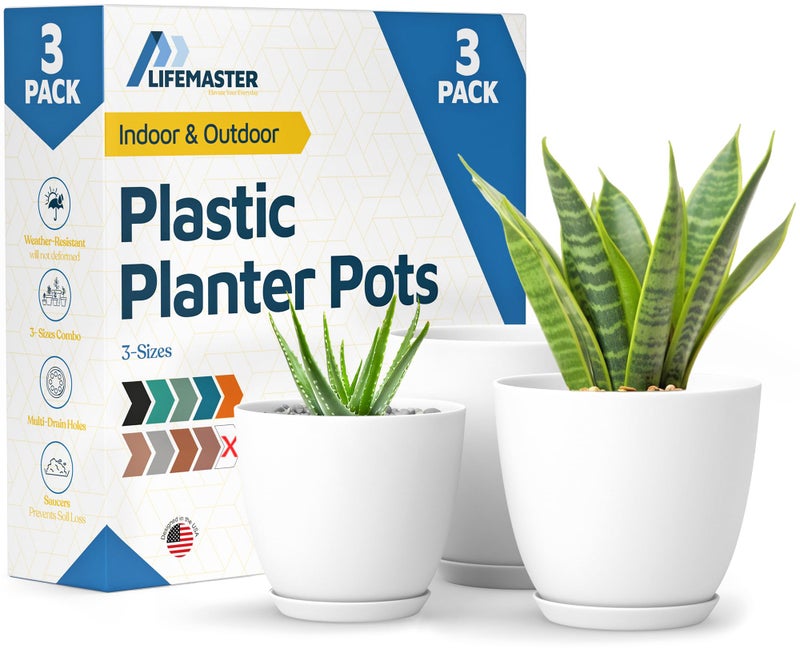 LifeMaster White Plant Pots with Drainage Holes & Saucers 3 Pack, Indoor & Outdoor Stackable Space-Saving Planters for Houseplants & Flowers, (7", 6.7", and 6" Inches), Durable & Weatherproof Materials - Image 1