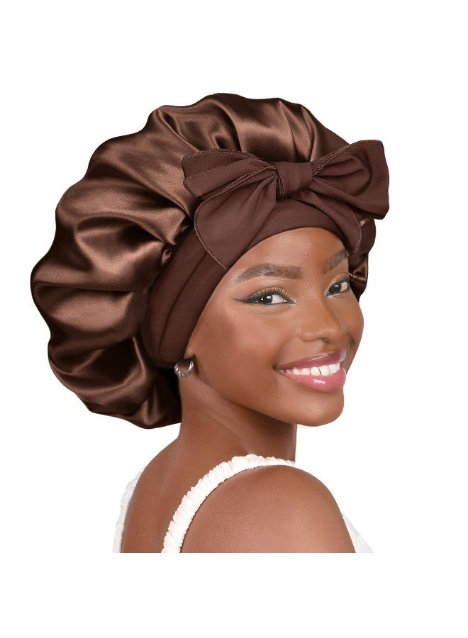 Satin Ribbon Bow Extra Large Beauty and Hair Care Bonnet for Women - Sleep Cap Headscarf - Image 1
