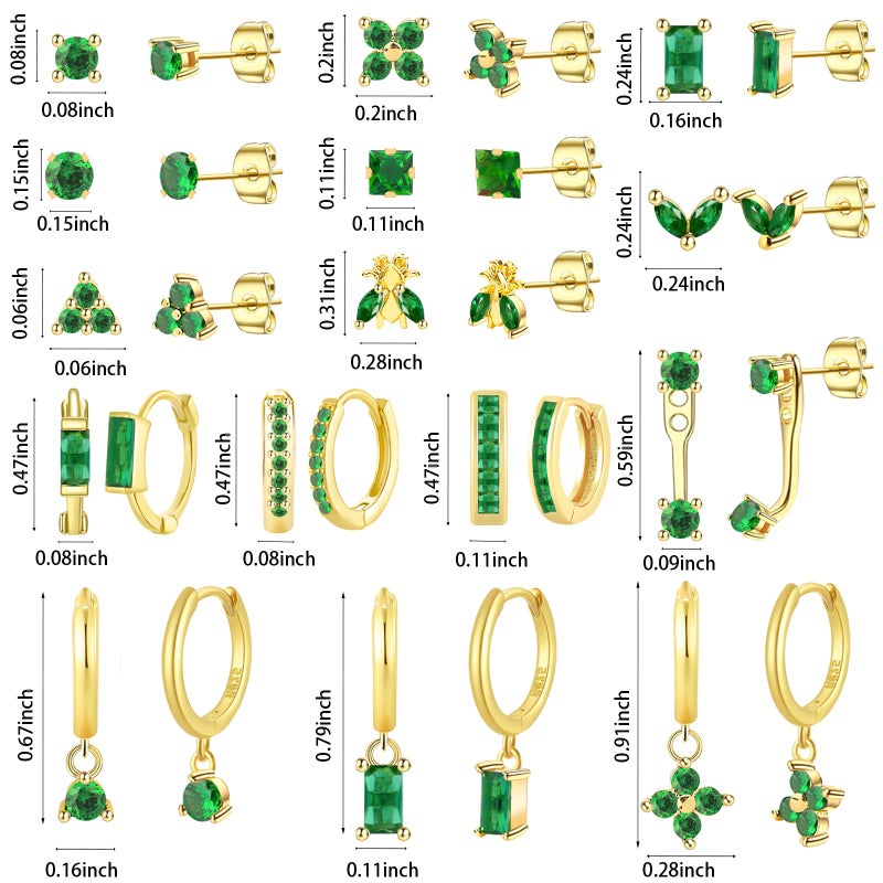 NEWITIN 15 Pairs Small Gold Stud Errings for Women Hypoallergenic Earring 14K Gold Plated Stainless Steel Inlaid Green Cubic Zirconia Earring Cartilage Stud Hoop Earrings Set - Image 2