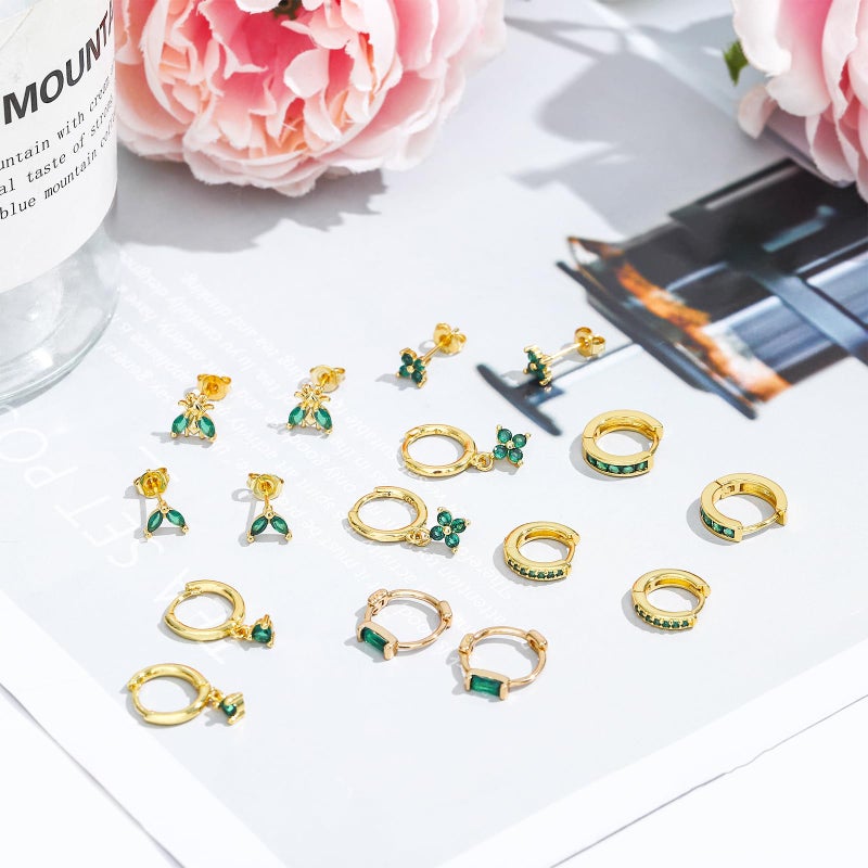 NEWITIN 15 Pairs Small Gold Stud Errings for Women Hypoallergenic Earring 14K Gold Plated Stainless Steel Inlaid Green Cubic Zirconia Earring Cartilage Stud Hoop Earrings Set - Image 4