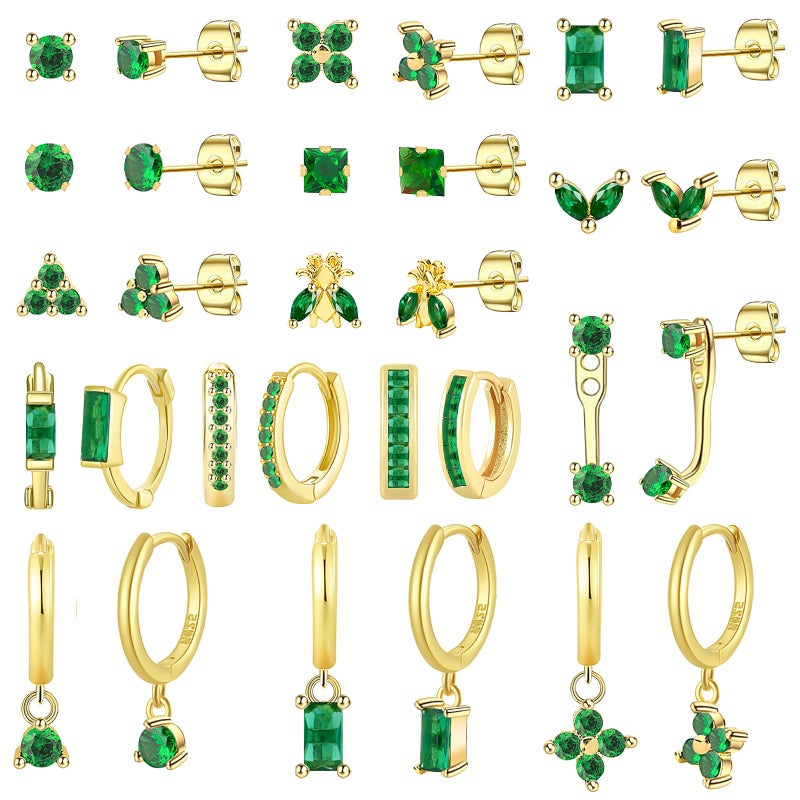 NEWITIN 15 Pairs Small Gold Stud Errings for Women Hypoallergenic Earring 14K Gold Plated Stainless Steel Inlaid Green Cubic Zirconia Earring Cartilage Stud Hoop Earrings Set - Image 1
