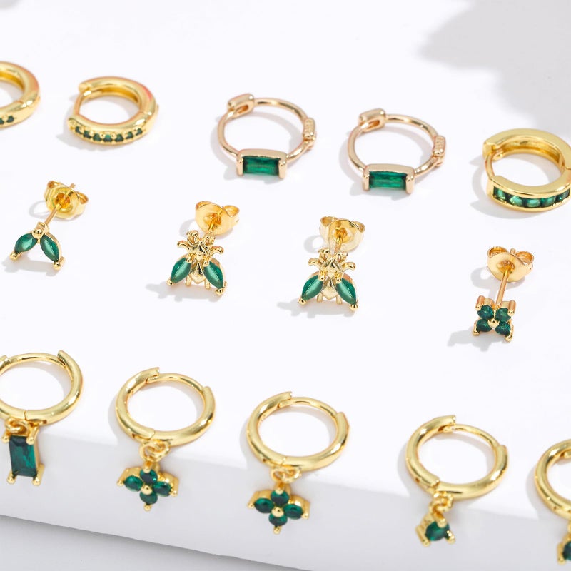NEWITIN 15 Pairs Small Gold Stud Errings for Women Hypoallergenic Earring 14K Gold Plated Stainless Steel Inlaid Green Cubic Zirconia Earring Cartilage Stud Hoop Earrings Set - Image 3