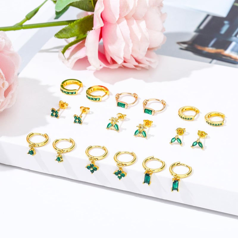 NEWITIN 15 Pairs Small Gold Stud Errings for Women Hypoallergenic Earring 14K Gold Plated Stainless Steel Inlaid Green Cubic Zirconia Earring Cartilage Stud Hoop Earrings Set - Image 5