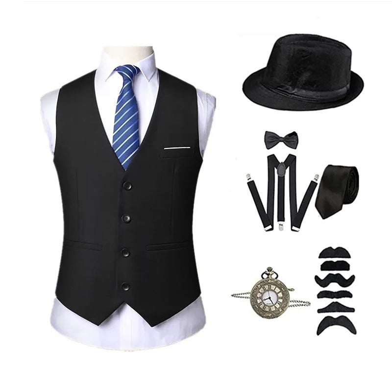 Retro 1920s Gatesburg Dinner Party Mens Vest Set with Hat Pocket Watch Tie Suit Korean Style Slim Fit Cardigan Polyester Fiber Black waistcoat hat suit