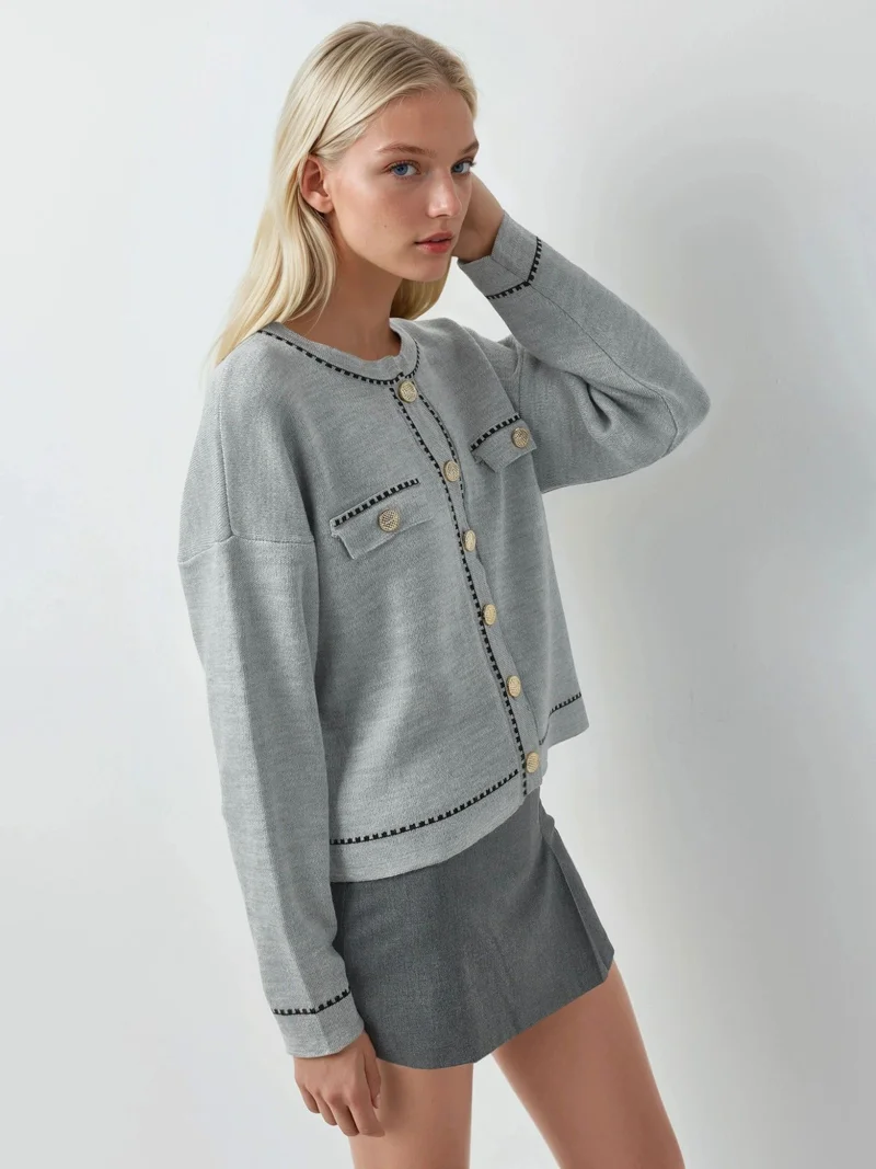 موضتي MY FASHION Ribbed Knit Cardigan with Button Closure