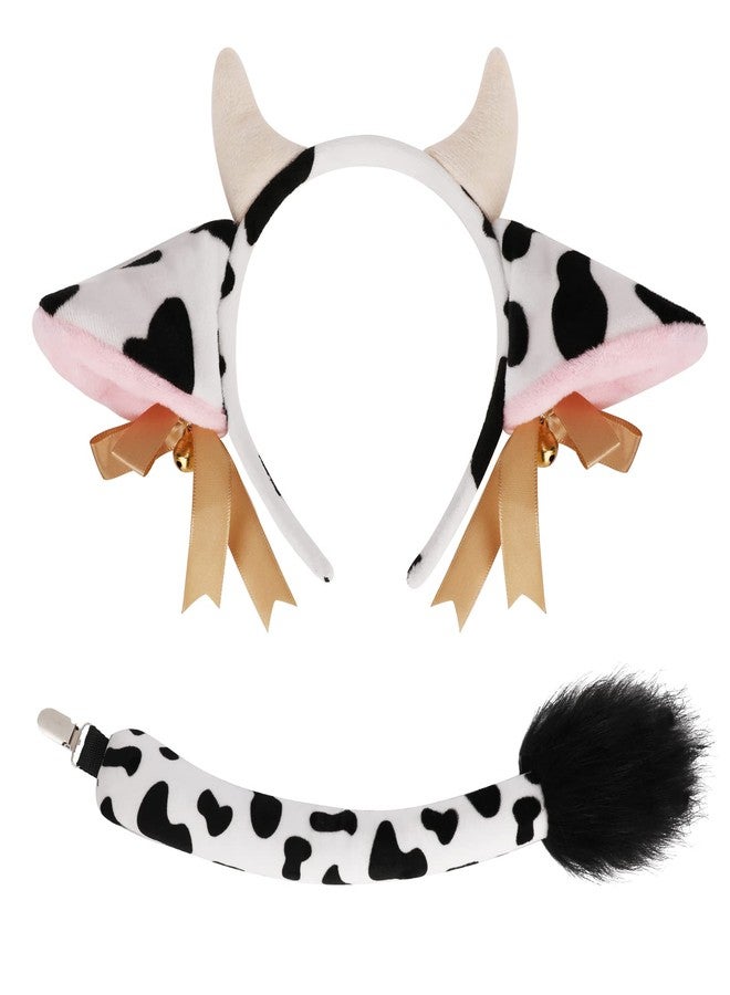 PHOGARY Cow Costume Accessories, Ears and Horns Headband with Tail for Animal Cosplay and Halloween - Image 1