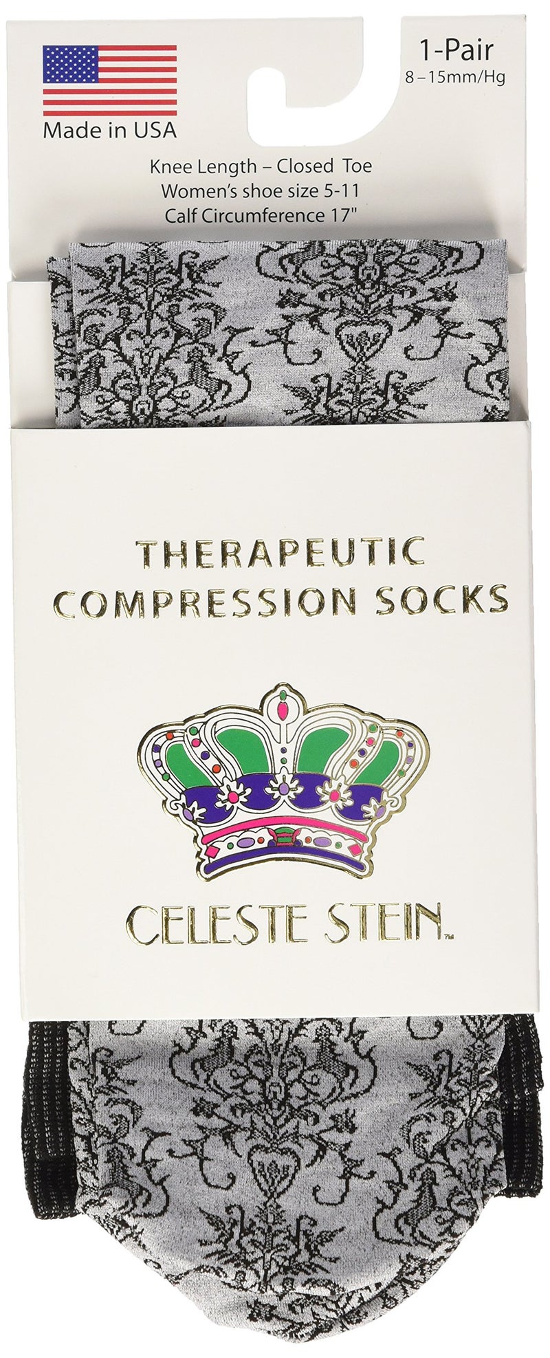 Celeste Stein Therapeutic Compression Socks Grey Damask 815 mmHg Mild 06 Ounces