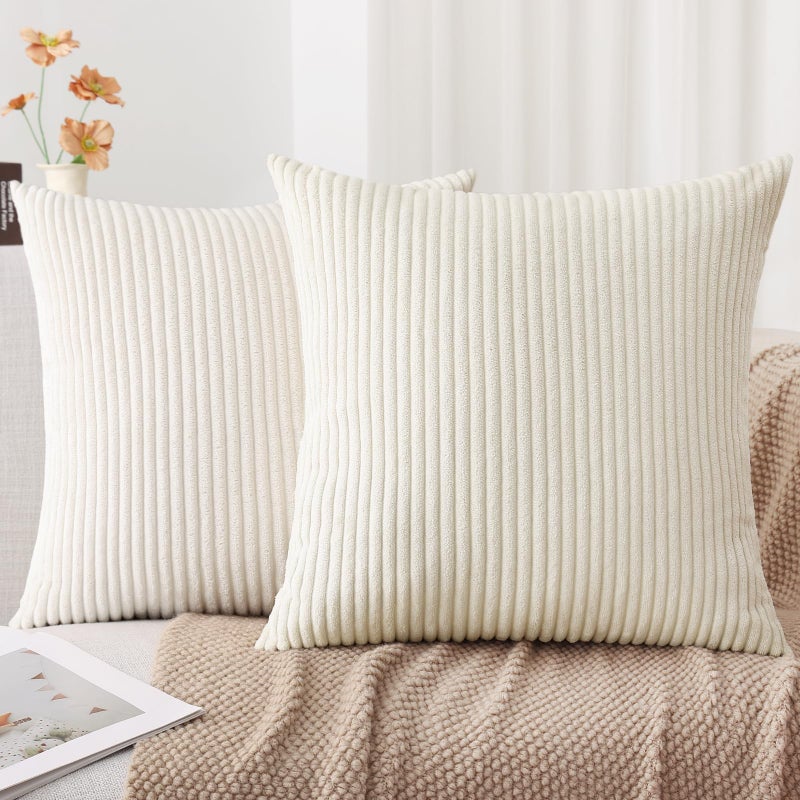 Mecatny Corduroy Decorative Throw Pillow Covers 26x26 Set of 2 for Sofa Bedroom Living Room  Stylish Soft Striped Couch Spring Pillow Covers for Home Decor  Cream White - Image 1