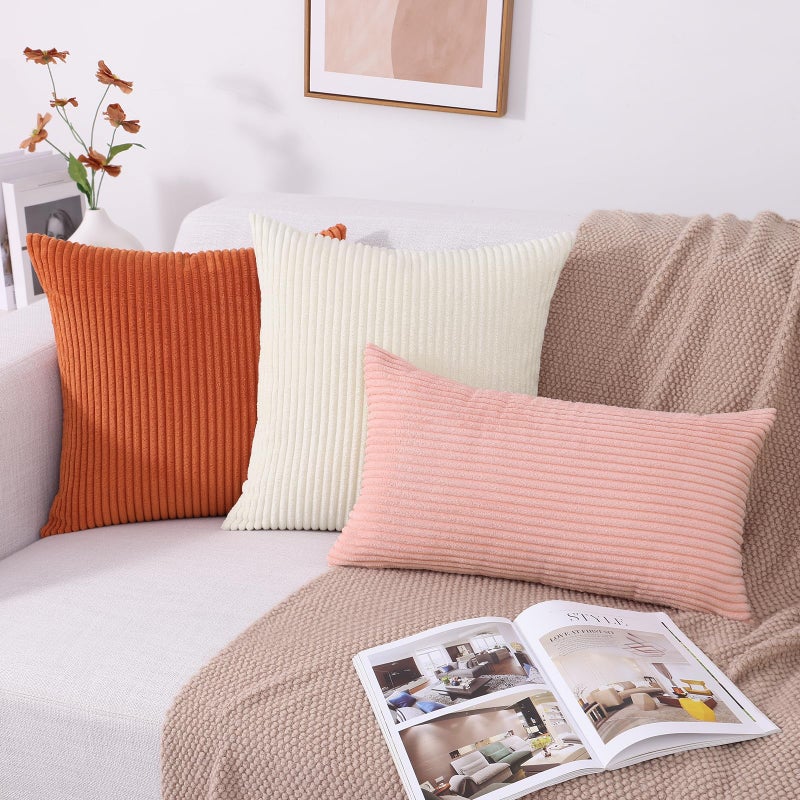 Mecatny Corduroy Decorative Throw Pillow Covers 26x26 Set of 2 for Sofa Bedroom Living Room  Stylish Soft Striped Couch Spring Pillow Covers for Home Decor  Cream White - Image 5