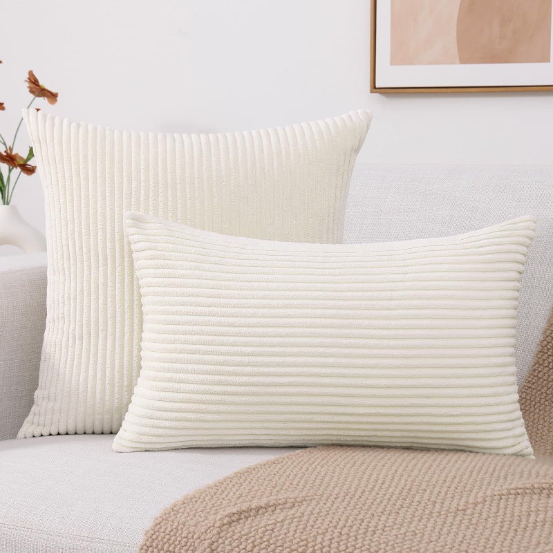 Mecatny Corduroy Decorative Throw Pillow Covers 26x26 Set of 2 for Sofa Bedroom Living Room  Stylish Soft Striped Couch Spring Pillow Covers for Home Decor  Cream White - Image 2
