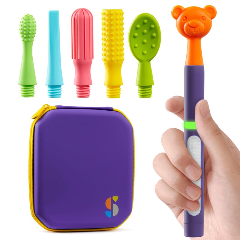 Special Supplies Buzz Buddy Oral Motor Stimulation Kit with 6 Soft Textured Interchangeable Heads, Calm Sensory Needs, Support Speech, and Stimulate Self Feeding, Gentle Vibrations (Purple) - Image 1
