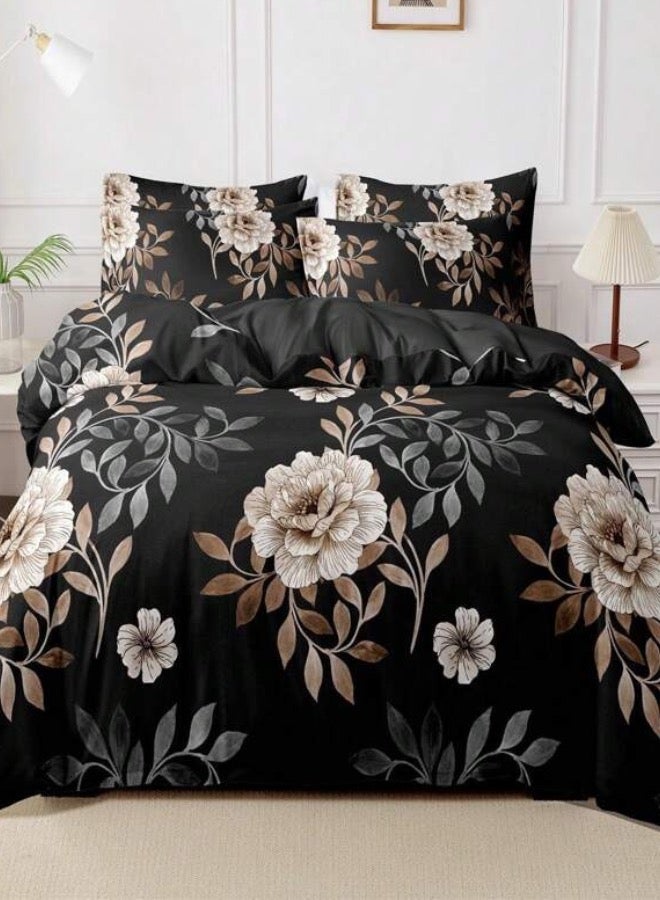 LUNA Home Queen size, 6-piece duvet cover set with a black background with beige roses.  - Image 1