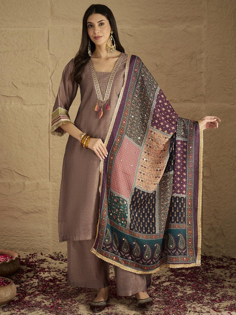Varanga Women Chic Brown Shimmer Kurta Set With Lace Detailing, Paired With Solid Ankle-Length Trousers And Printed Dupatta - Image 2