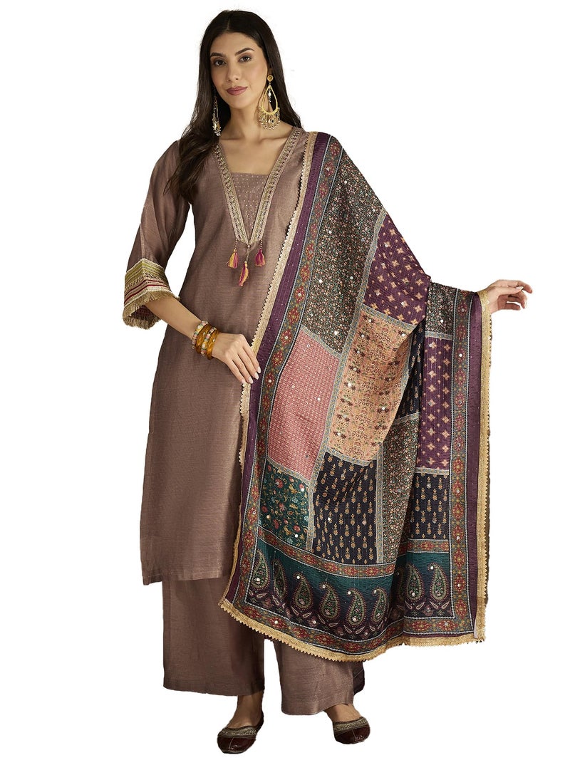 Varanga Women Chic Brown Shimmer Kurta Set With Lace Detailing, Paired With Solid Ankle-Length Trousers And Printed Dupatta - Image 1