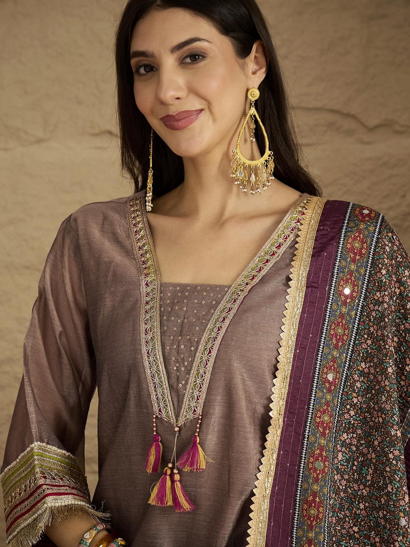 Varanga Women Chic Brown Shimmer Kurta Set With Lace Detailing, Paired With Solid Ankle-Length Trousers And Printed Dupatta - Image 5