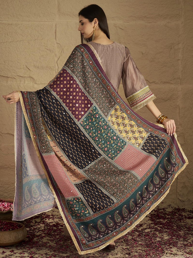Varanga Women Chic Brown Shimmer Kurta Set With Lace Detailing, Paired With Solid Ankle-Length Trousers And Printed Dupatta - Image 4