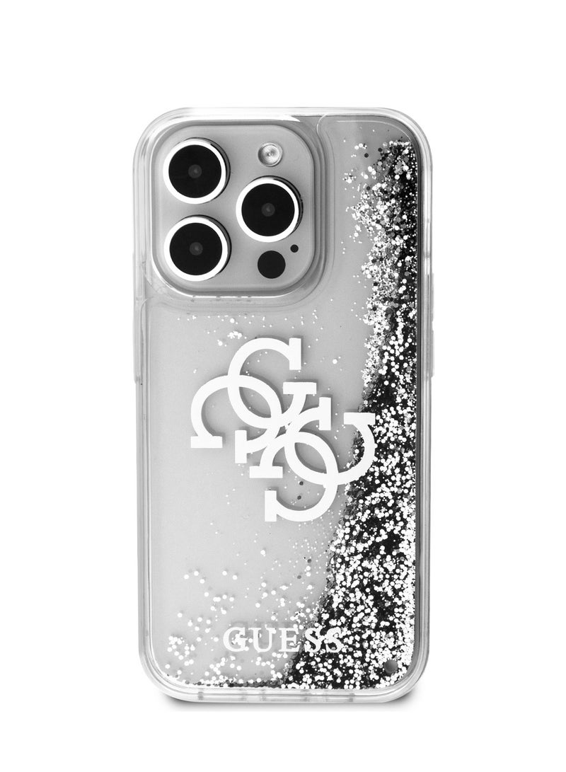 GUESS Liquid Glitter Case with 4G Electroplated Logo for iPhone 15 Pro -Silver - Image 1