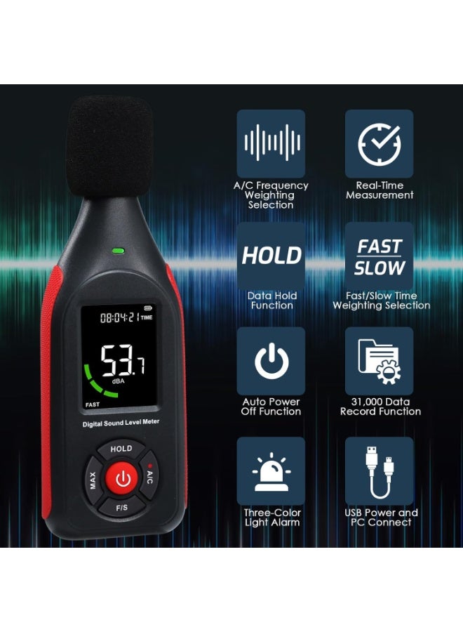 SYOSI Sound Level Meter, Noise Monitoring Device, Digital Decibel Logger with Data Logging/Graph Printing, A/C Weighted, 30~130dB, Fast/Slow, MAX, Data Hold, 3-Color Alarm for Noisy Neighbor Factory - Image 2