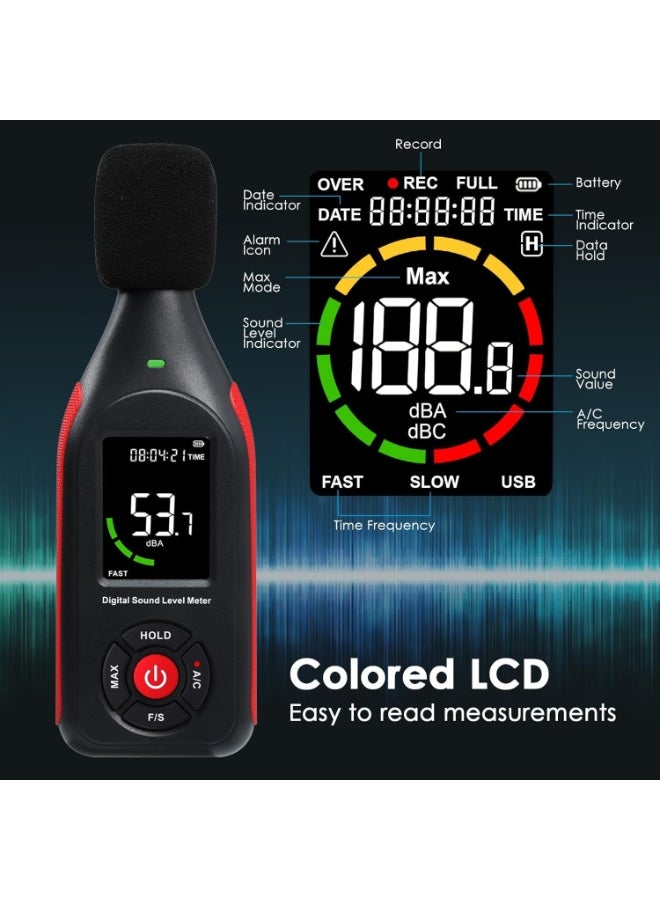 SYOSI Sound Level Meter, Noise Monitoring Device, Digital Decibel Logger with Data Logging/Graph Printing, A/C Weighted, 30~130dB, Fast/Slow, MAX, Data Hold, 3-Color Alarm for Noisy Neighbor Factory - Image 4