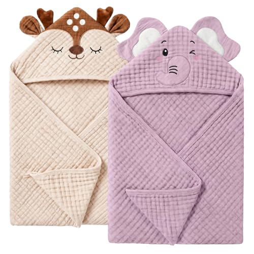 CandyHome 4 PCS Muslin Baby Bath Towels Set, 100% Cotton 2 PCS Animal Hooded Baby Towels 32x32 Inch & 2 PCS Washcloths, Ultra Absorbent & Soft Infant Newborn Essentials Gifts for Boys & Girls, Elephant & Deer - Image 1