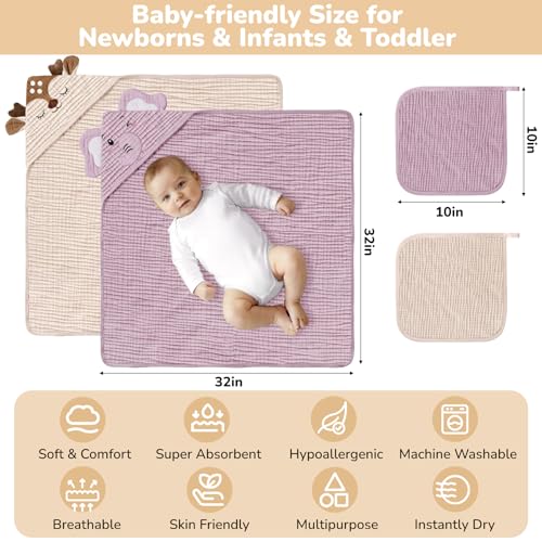 CandyHome 4 PCS Muslin Baby Bath Towels Set, 100% Cotton 2 PCS Animal Hooded Baby Towels 32x32 Inch & 2 PCS Washcloths, Ultra Absorbent & Soft Infant Newborn Essentials Gifts for Boys & Girls, Elephant & Deer - Image 2