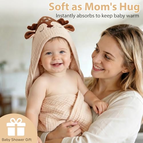 CandyHome 4 PCS Muslin Baby Bath Towels Set, 100% Cotton 2 PCS Animal Hooded Baby Towels 32x32 Inch & 2 PCS Washcloths, Ultra Absorbent & Soft Infant Newborn Essentials Gifts for Boys & Girls, Elephant & Deer - Image 4