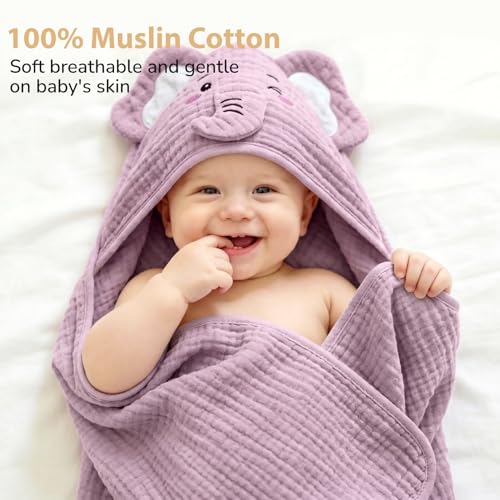 CandyHome 4 PCS Muslin Baby Bath Towels Set, 100% Cotton 2 PCS Animal Hooded Baby Towels 32x32 Inch & 2 PCS Washcloths, Ultra Absorbent & Soft Infant Newborn Essentials Gifts for Boys & Girls, Elephant & Deer - Image 3