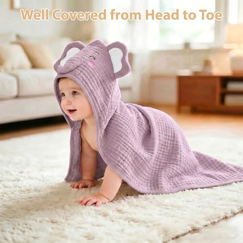 CandyHome 4 PCS Muslin Baby Bath Towels Set, 100% Cotton 2 PCS Animal Hooded Baby Towels 32x32 Inch & 2 PCS Washcloths, Ultra Absorbent & Soft Infant Newborn Essentials Gifts for Boys & Girls, Elephant & Deer - Image 5