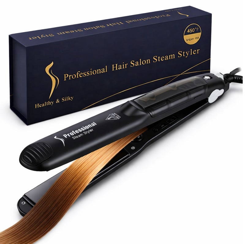 PROFESSIONAL Hair Professional Salon Ceramic Tourmaline Vapor Steam Flat Iron Hair Straightener Dual Voltage 2 in 1 Straightening Curling Led Display with Adjustable Temperature - Image 1