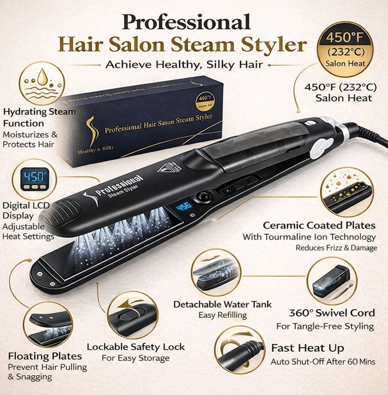 PROFESSIONAL Hair Professional Salon Ceramic Tourmaline Vapor Steam Flat Iron Hair Straightener Dual Voltage 2 in 1 Straightening Curling Led Display with Adjustable Temperature - Image 2
