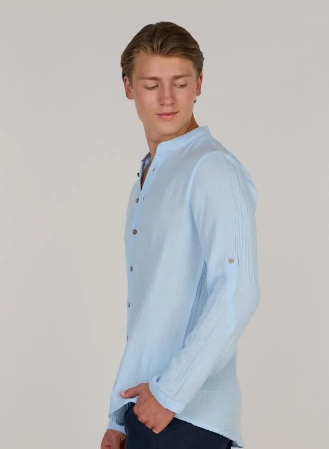 Just Nature Ice Blue Regular Fit Mandarin Collar Resort Shirt for Men | Best Price UAE
