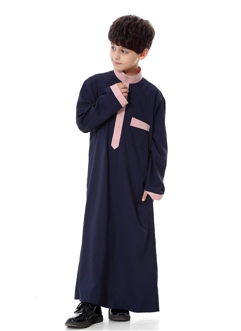 إسكدنيا Boy's Muslim Arab Long Sleeve Kaftan Middle Eastern Kandora Thobe Thawb Navy Blue/Pink  - Image 1